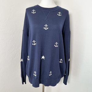 J. Crew Sweater Womens medium 100% Merino Wool Blue Anchors & Stars Preppy